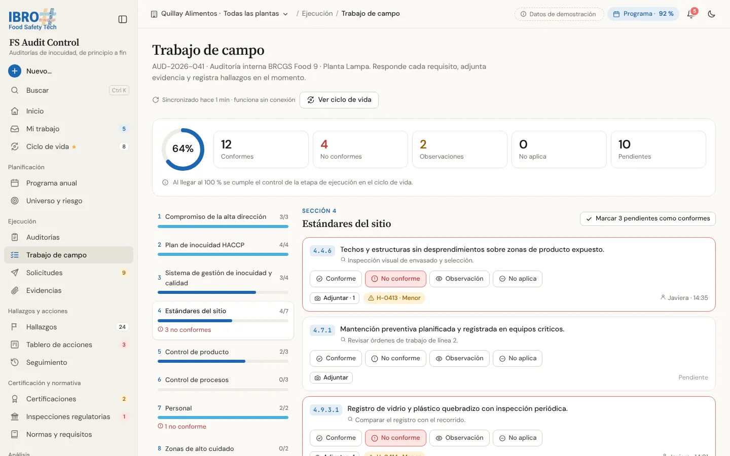 Trabajo de campo en FS Audit Control: avance por sección y requisitos calificados como conforme, no conforme, observación o no aplica.