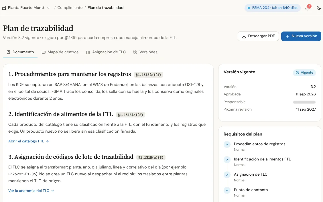 Plan de trazabilidad vigente en FSMA Trace: secciones que exige la regla, como los procedimientos de registro y la asignación de códigos de lote.