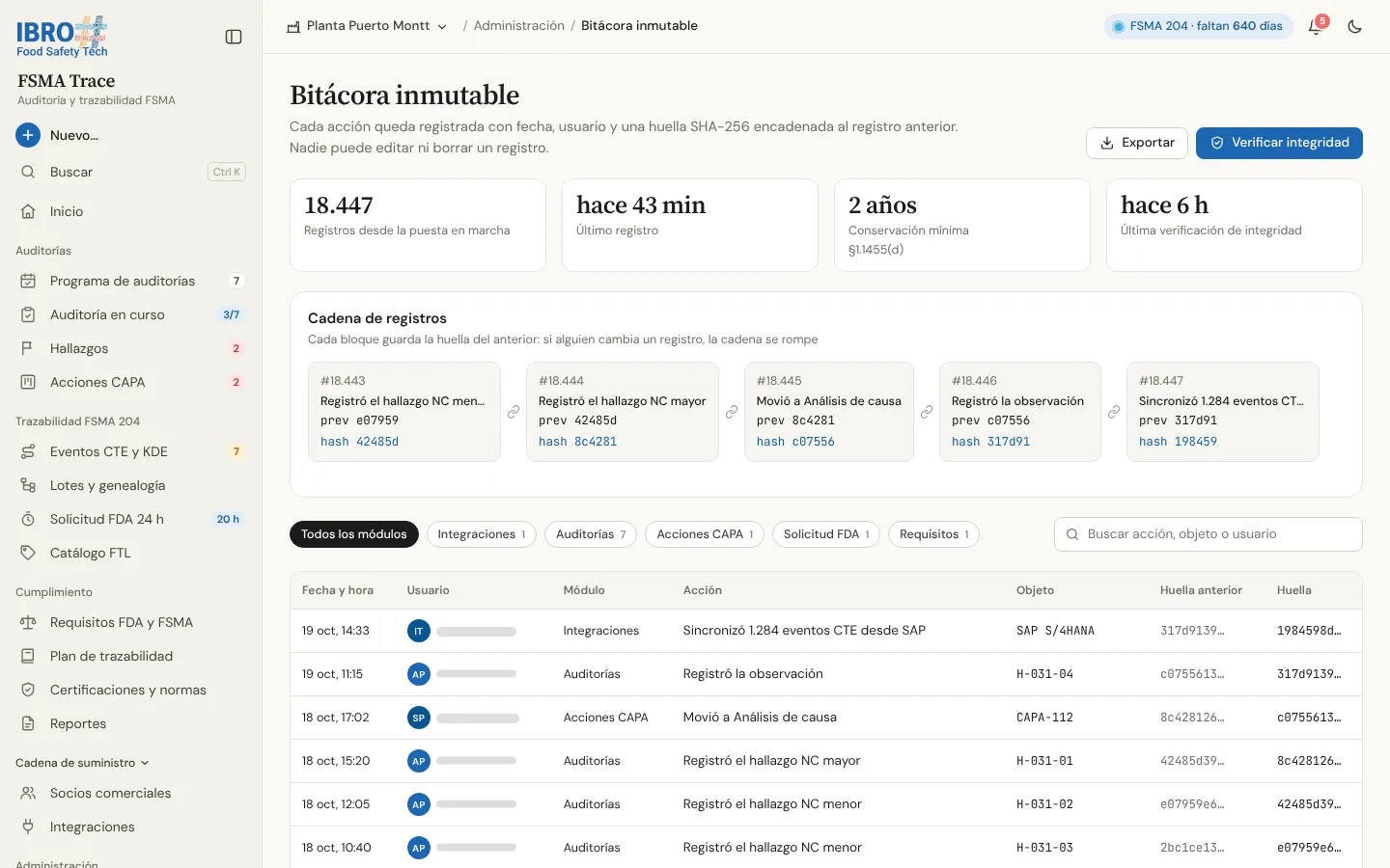 Bitácora inmutable de FSMA Trace: cadena de registros enlazados por su huella (hash) y tabla de eventos.