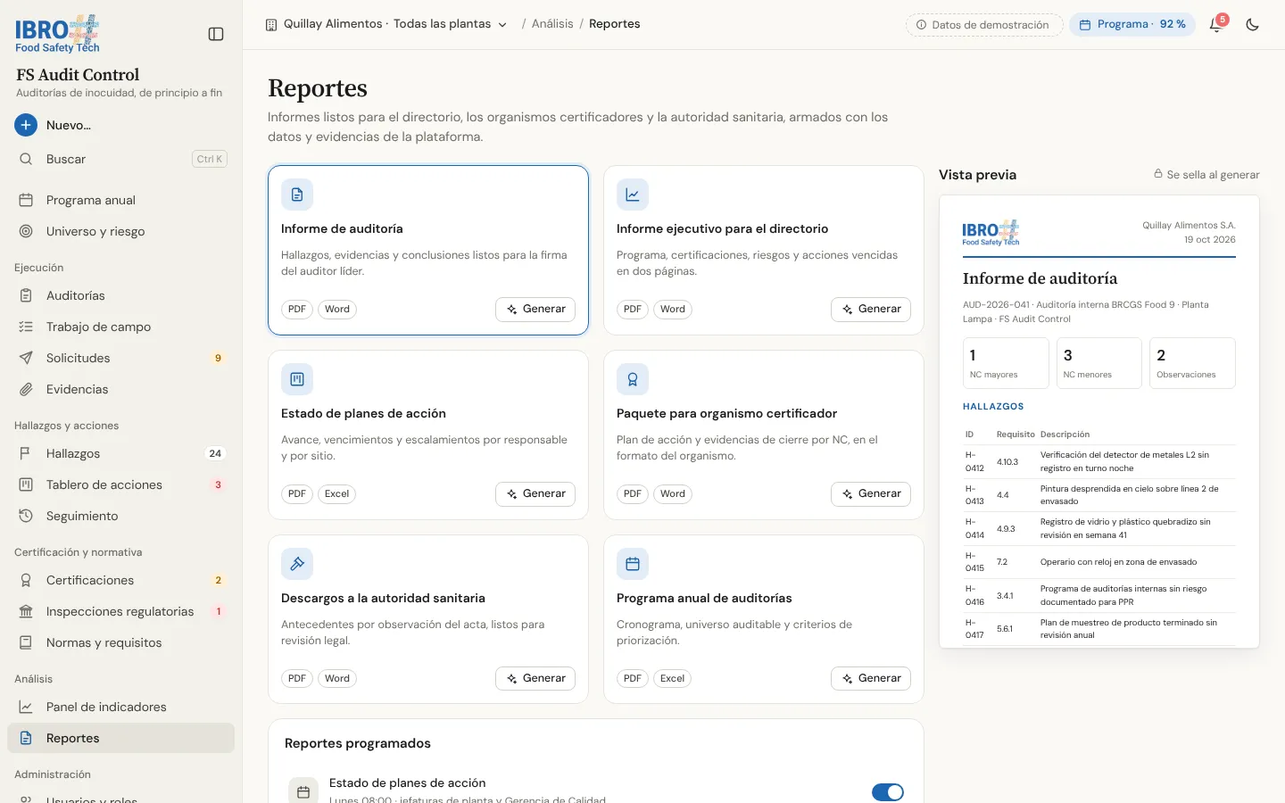 Reportes de FS Audit Control: plantillas como el informe de auditoría o el informe ejecutivo para el directorio, y la vista previa de un informe.